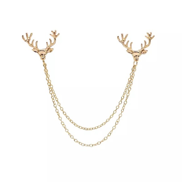 Retro Double Chain Deer Head Collar Lapel Pin - Picture 5 of 16